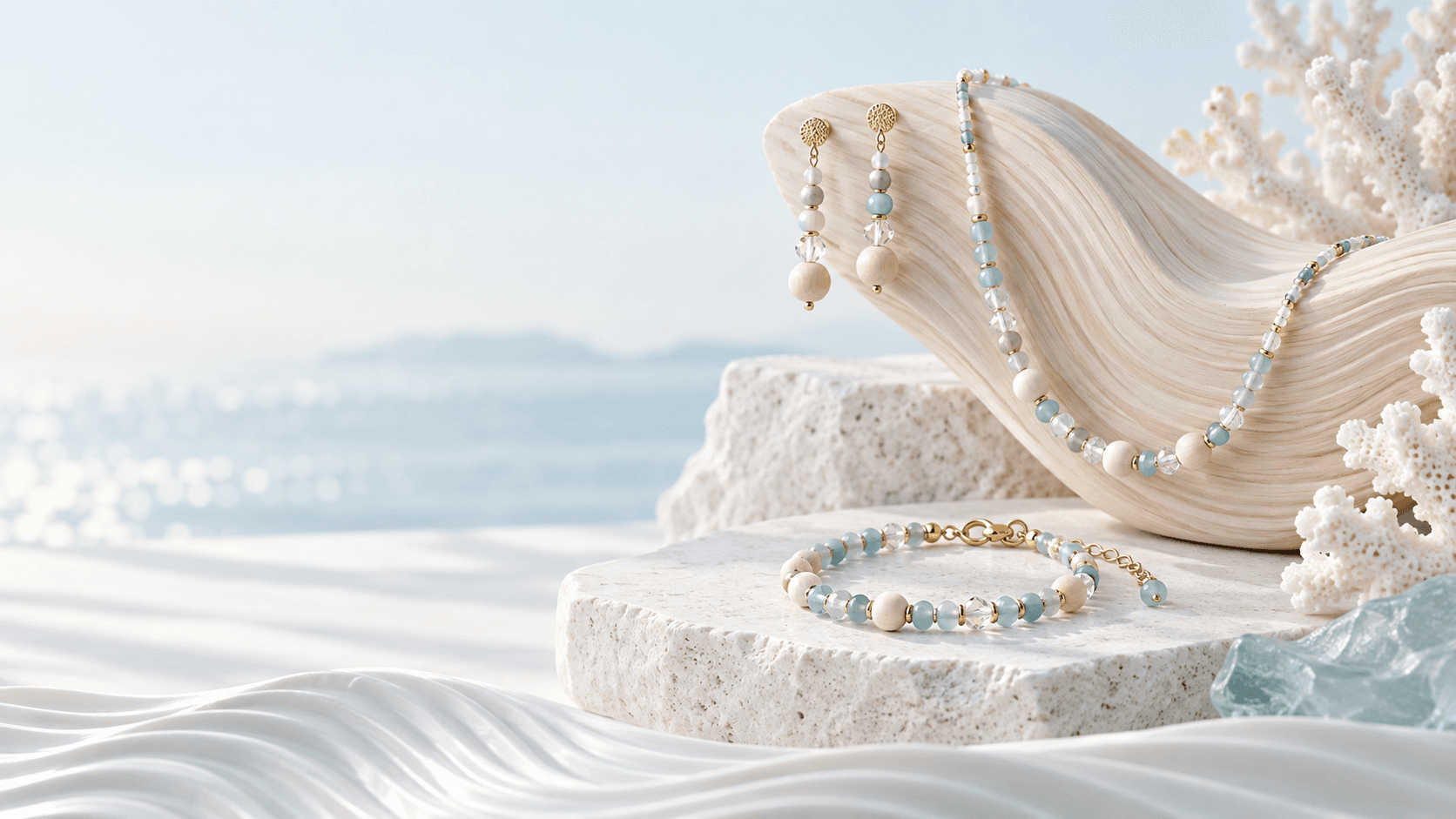 Tidegrain Drops, Hinoki wood, sea-glass seed beads and gold-filled details.